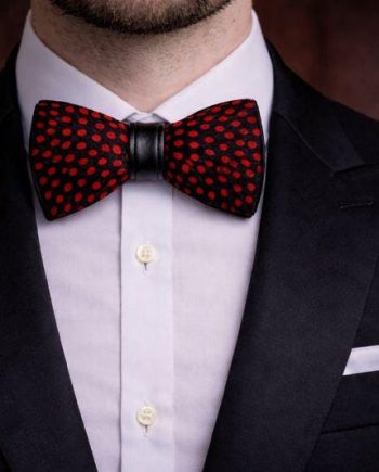 Red Black Polka Dot Feather Bow Tie Set – Handcrafted Formal Wedding Feather Bow Tie
