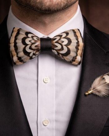Brown White Patterned Feather Bow Tie Set – Handcrafted Formal Wedding Feather Bow Tie