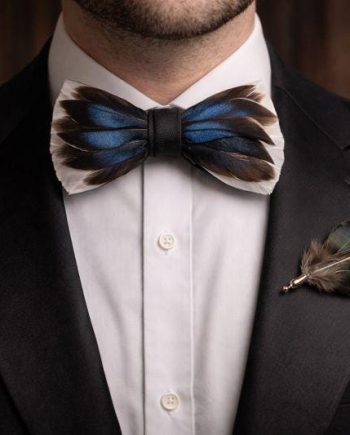 Blue Green Iridescent Feather Bow Tie Set – Handcrafted Formal Wedding Feather Bow Tie