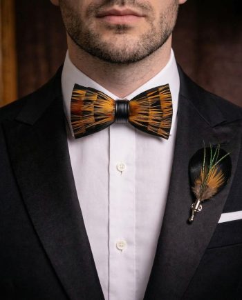 Black Orange Striped Feather Bow Tie Set – Handcrafted Formal Wedding Feather Bow Tie