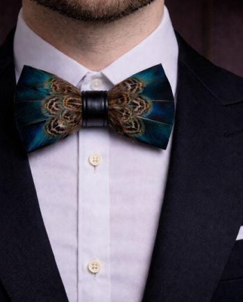 Teal Blue Brown Patterned Feather Bow Tie Set – Handcrafted Formal Wedding Feather Bow Tie