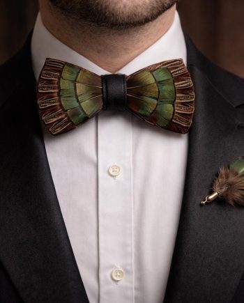 Green Brown Iridescent Feather Bow Tie Set – Handcrafted Formal Wedding Feather Bow Tie