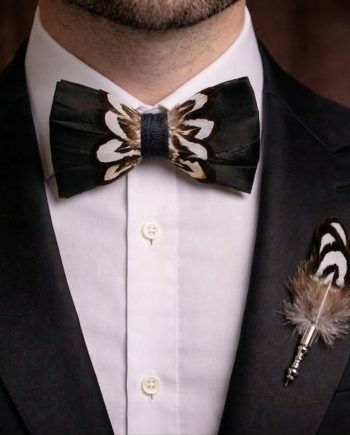 Black Brown White Patterned Feather Bow Tie Set – Handcrafted Formal Wedding Feather Bow Tie