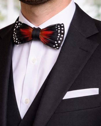 Black Red Polka Dot Feather Bow Tie Set – Handcrafted Formal Wedding Feather Bow Tie