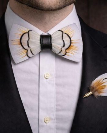 White Gold Feather Bow Tie Set – Handcrafted Formal Wedding Feather Bow Tie