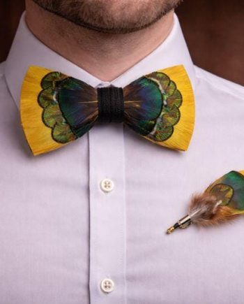 Golden Yellow Green Iridescent Feather Bow Tie Set – Handcrafted Formal Wedding Feather Bow Tie