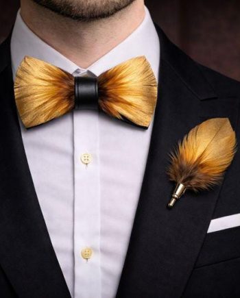 Golden Champagne Orange Feather Bow Tie Set – Handcrafted Formal Wedding Feather Bow Tie