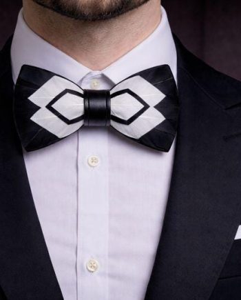 Black White Geometric Feather Bow Tie Set – Handcrafted Formal Wedding Feather Bow Tie