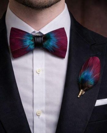 Burgundy Red Blue Green Feather Bow Tie Set – Handcrafted Formal Wedding Feather Bow Tie