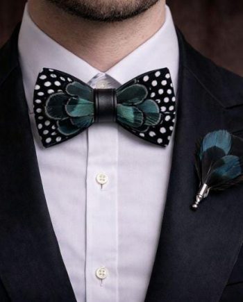 Black Teal Polka Dot Feather Bow Tie Set – Handcrafted Formal Wedding Feather Bow Tie