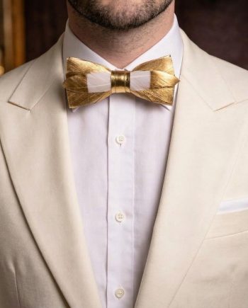 Gold White Gradient Feather Bow Tie Set – Handcrafted Formal Wedding Feather Bow Tie