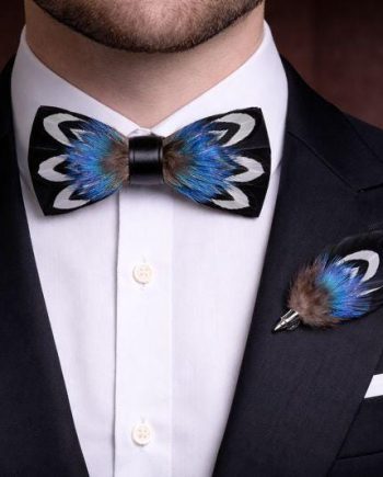 Turquoise Blue Black Feather Bow Tie Set – Handcrafted Formal Wedding Feather Bow Tie
